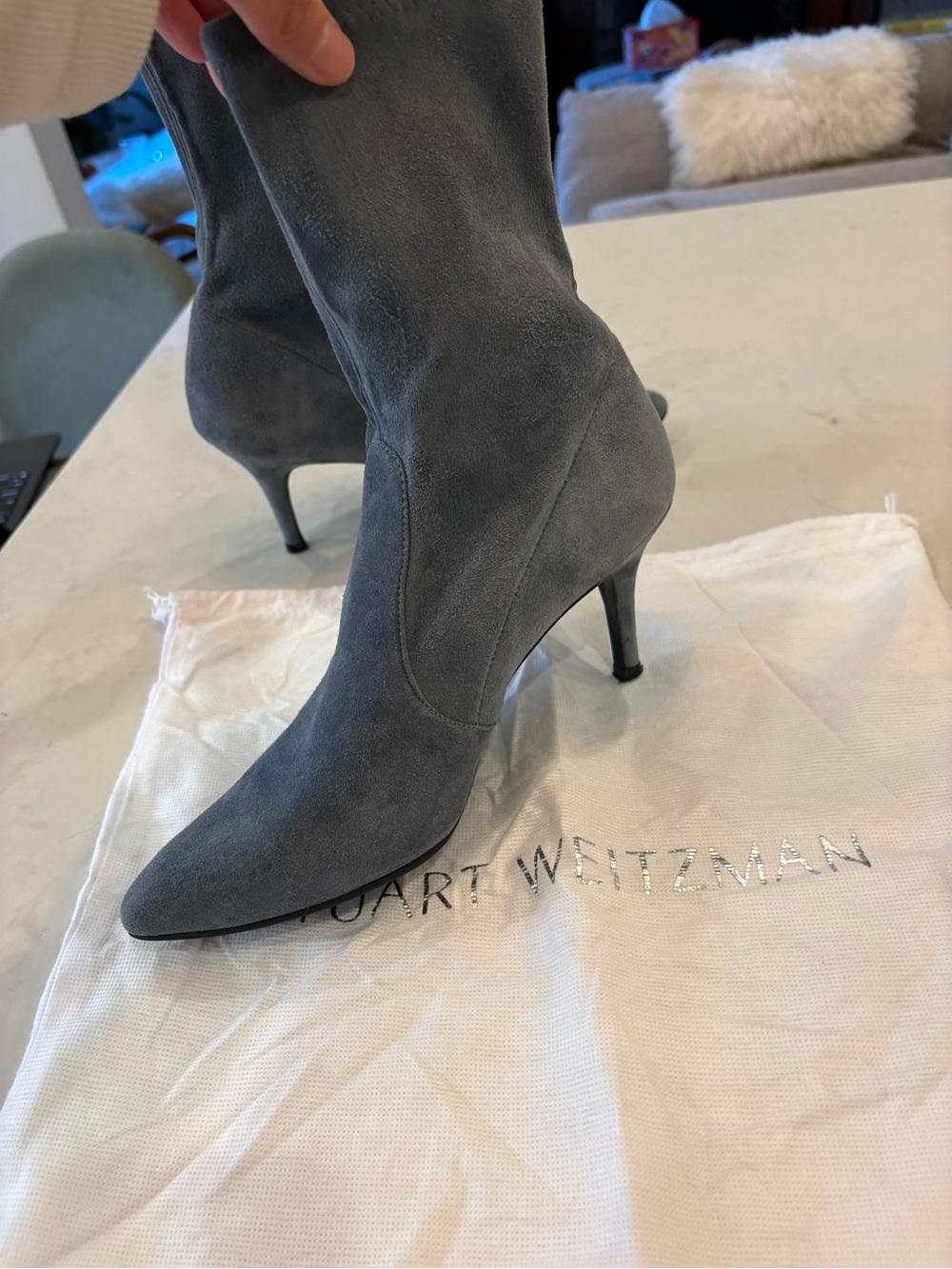 Stuart Weitzman storm blue Suede 4 inch heel Pointed-Toe Ankle sock Bootie 7 - Picture 15 of 16